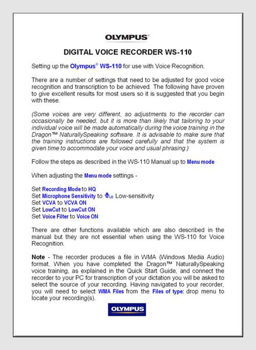 Olympus-Voice-Recorder-WS-110-DNS-Quick-Start-Card